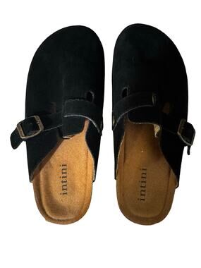 New Unisex Intini Suede Leather Clogs Cork Footbed Size 44 Black.